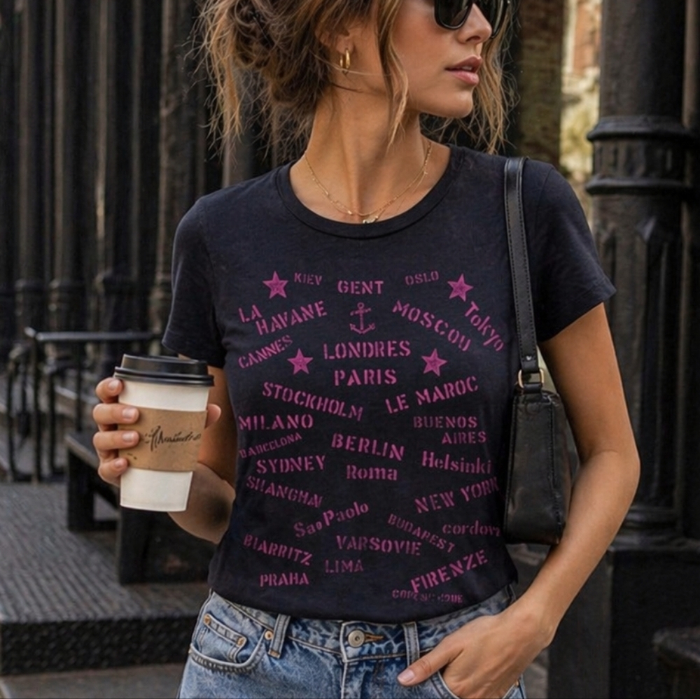 J.Crew Black Graphic Tee Pink City Print Short Sleeve XS Travel Cities Shirt